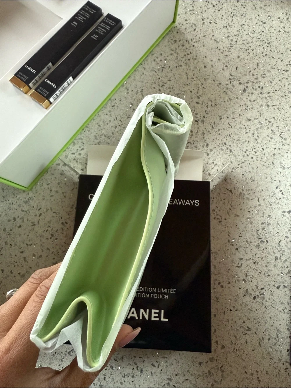 CHANEL White Lime Green Trim Mini Gift Bag